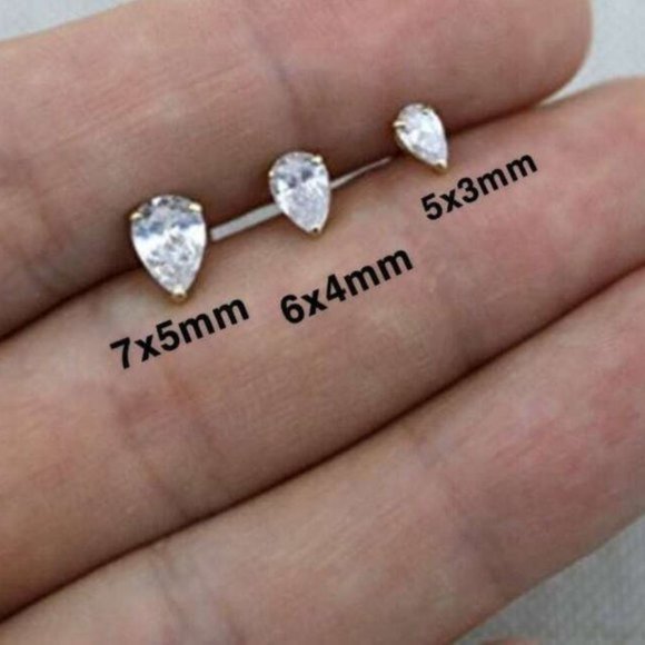 Real 14K Solid White Gold Pear Shaped Pushback Studs with White Stone 6x4mm - Picture 6 of 6